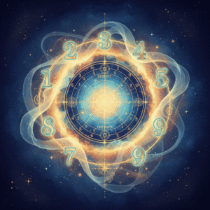 A glowing, celestial numerology chart with numbers 1 through 9 floating in a circular pattern against a cosmic background of deep blue and gold nebulas, symbolizing life path number meaning and significance. The chart features soft, ethereal energy waves, merging watercolor and digital art styles.