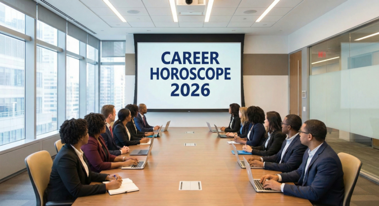 A corporate team in a boardroom meeting viewing a presentation screen that reads Career Horoscope 2026, representing professional growth and business astrology