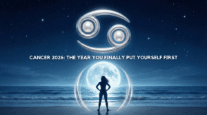 A cosmic illustration featuring the silver Cancer zodiac symbol with pearls above a confident person surrounded by a protective shield under a full moon, representing the theme of empowerment in the Cancer 2026 Horoscope.