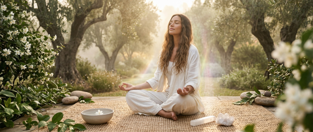 A peaceful, serene photograph of a woman in white linen clothes meditating in Gyan mudra on a woven mat in a garden at sunrise. A soft, radiant, glowing field of shimmering light envelops her body, visualizing a successful moment of spiritual maintenance through aura cleansing. Flowering jasmine and olive trees frame the scene, and crystals sit next to her.