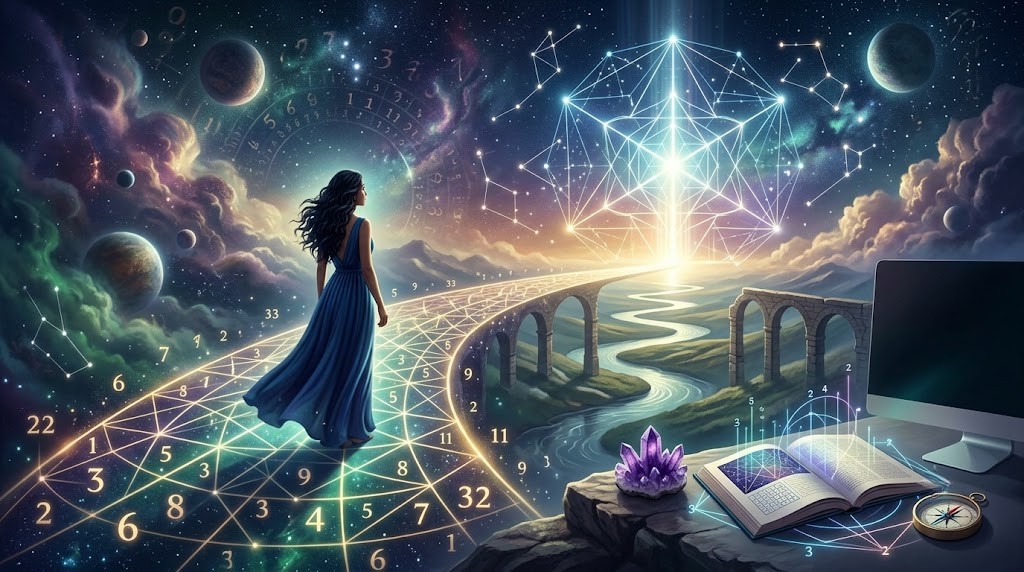 A woman walking along a glowing celestial pathway of numbers toward a radiant geometric star, illustrating the destiny number meaning and spiritual journey.