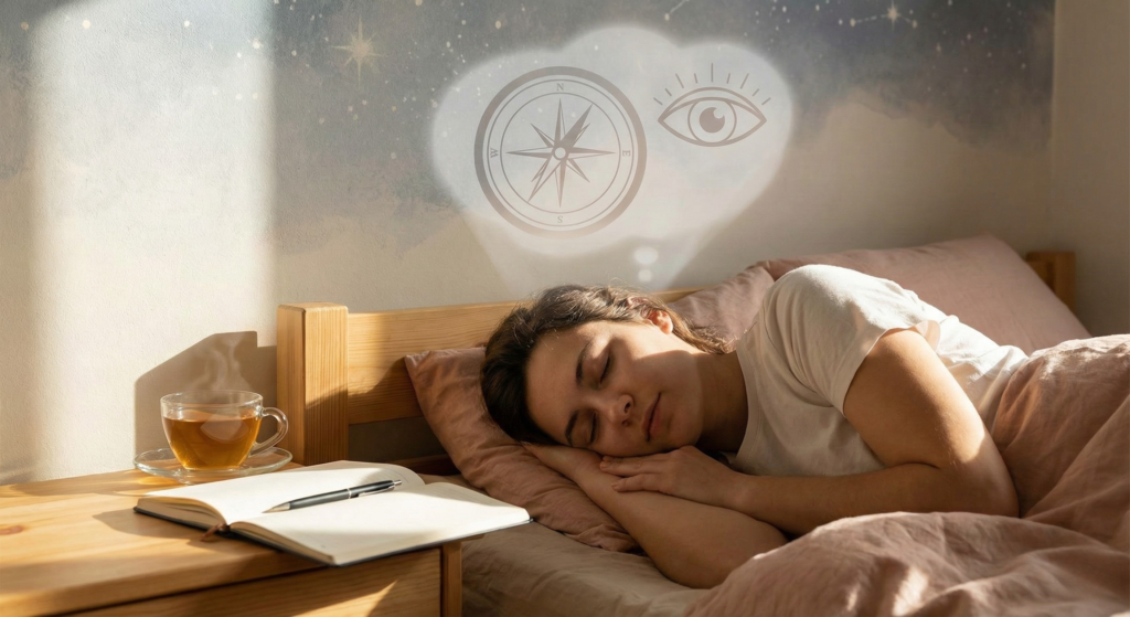 A realistic painting of a woman writing in a dream journal beside a glowing lantern, symbolizing the connection between dreams and intuition, set against a surreal night sky background.