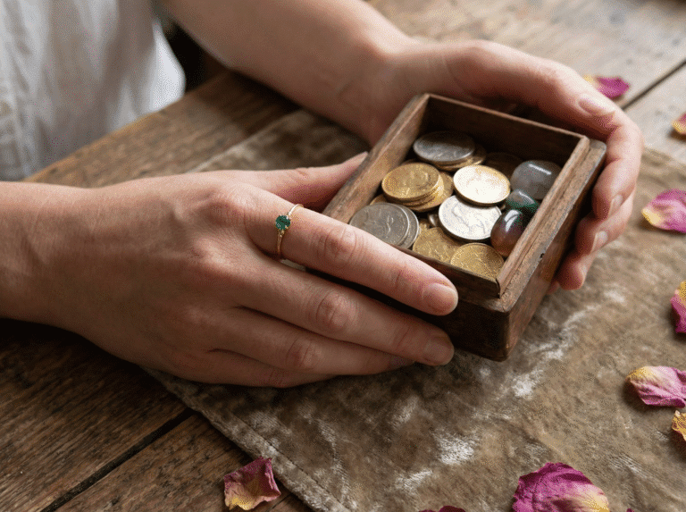 A close-up photograph of hands holding a wooden box filled with gold coins and emeralds, symbolizing the financial stability and tangible assets predicted for the Taurus 2026 Horoscope.