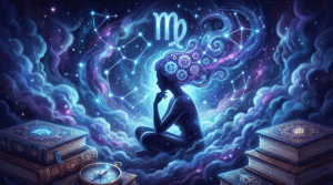 The mystical illustration with gears and the Virgo symbol. Alt Text: Mystical astrology illustration featuring the glowing Virgo zodiac symbol and a thoughtful figure surrounded by cosmic gears, symbolizing deep analysis and Virgo overthinking.