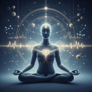 A serene, high-quality illustration of a human silhouette meditating with subtle glowing energy lines and light waves surrounding the body, blending into scientific elements like gentle electromagnetic fields, molecular patterns, and soft glowing particles in the background. The colors of blue, gold, and white symbolize the harmony between science and spirit in energy healing, creating a clean, modern, and uplifting atmosphere