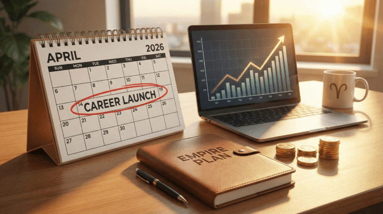 A professional workspace featuring a laptop, open notebook, and a calendar marked 2026, symbolizing the strategic career planning and business growth predicted in the Aries 2026 Horoscope.