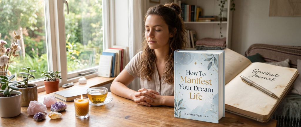 A young woman with her eyes closed, meditating peacefully at a wooden desk near a window. In front of her are a book titled 'How To Manifest Your Dream Life' from Cosmic Signs Daily, an open 'Gratitude Journal' with a pen, a cup of tea, a burning candle, and a variety of healing crystals.
