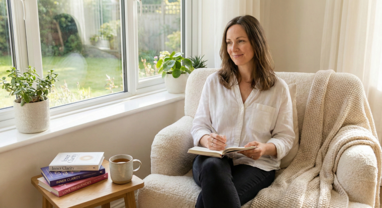 Woman sitting in a cozy armchair writing in a journal to align her energy and manifest love, with books on clarity and frequencies on a side table.