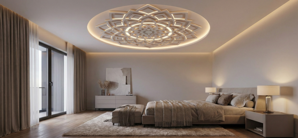 A modern bedroom featuring a magnificent backlit mandala ceiling design, illustrating how to integrate spiritual decor into contemporary architecture for a peaceful sleeping sanctuary.