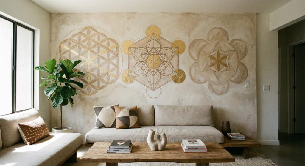 A modern bohemian living room featuring a large, gold and textured wall painting of sacred geometry symbols, including the Flower of Life and Metatron's Cube, above a beige sofa.