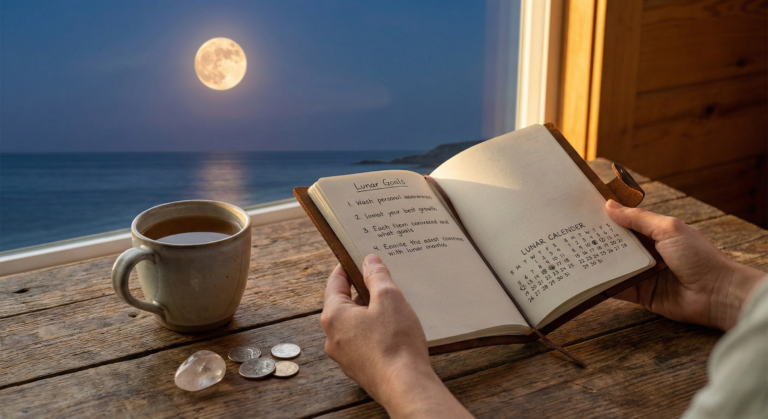A realistic photo of a person sitting by a window under a bright full moon, writing in a journal next to coins and crystals as part of a moon phase wealth alignment ritual.
