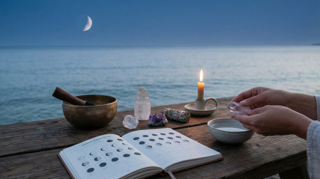 A person performing moon rituals by the ocean at twilight, holding a crystal next to a singing bowl, lit candle, sage, and an open lunar calendar on a wooden table under a crescent moon.
