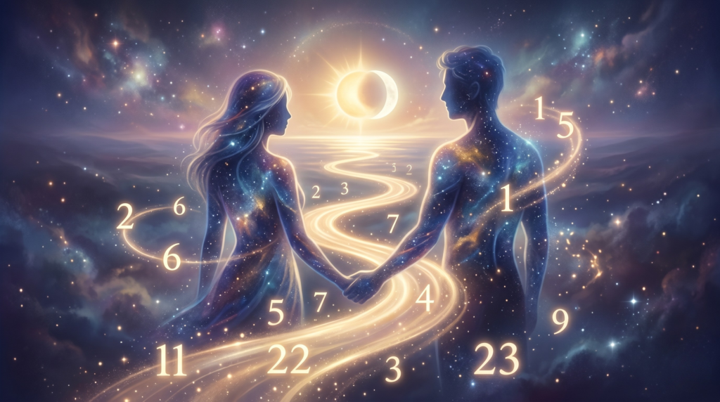 Luminous cosmic path and synchronized figures illustrating harmonious numerology compatibility.