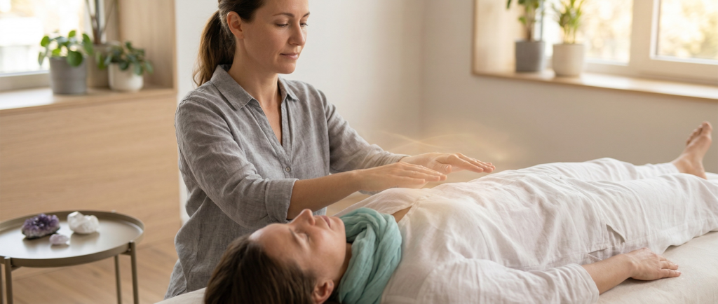 A practitioner performing a calming Reiki healing session on a relaxed woman in a peaceful, natural light room.