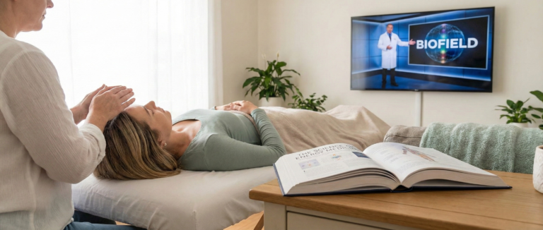 A woman receiving a reiki session with an open textbook and a TV program about the biofield, representing the science behind energy healing.