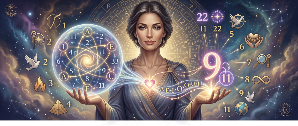 A mystical illustration of a central female guide, holding a glowing sphere of vowels against a deep space nebula background, with numerological symbols and soul urge number 9, 11, and 22 highlighted.