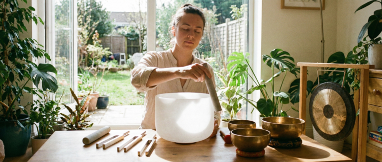 Tibetan singing bowls and mallets arranged on a wooden table for a sound & frequency healing session.