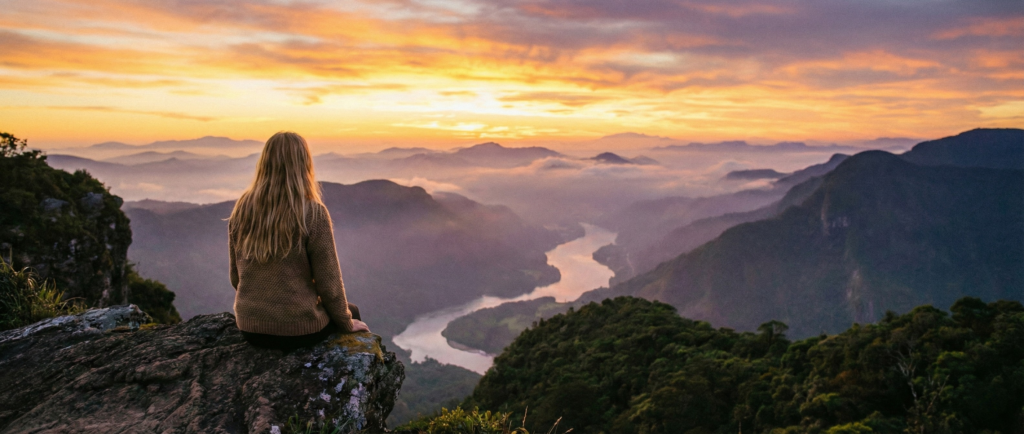 Blonde woman practicing spiritual grounding by sitting on a cliff edge and connecting with the majestic beauty of a mountain sunrise.