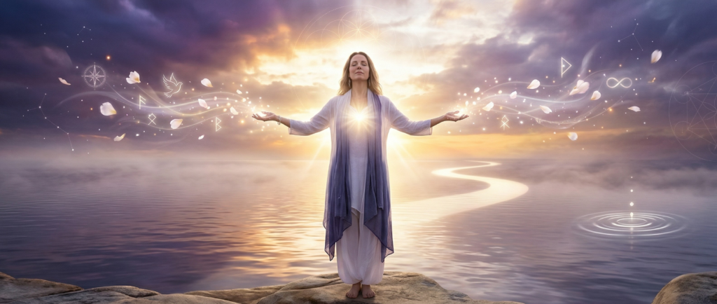 A mystical scene of a peaceful woman standing on a rocky outcrop at a cosmic sunset, her arms wide and palms open to symbolize The Art of Letting Go by releasing a flow of light, feathers, doves, and geometric symbols from her hands into a celestial sky with visible constellations. She has a bright, heart-centered glow, and a sinuous, glowing path is visible on the misty water leading away from her.