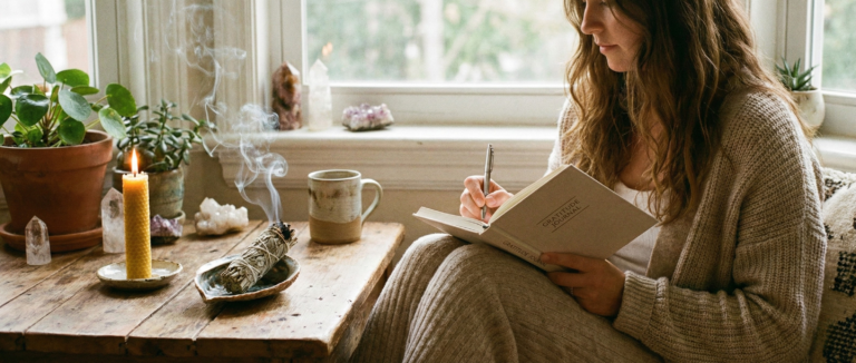 Woman practicing spiritual wellness by writing in a gratitude journal beside a lit candle and burning sage bundle.