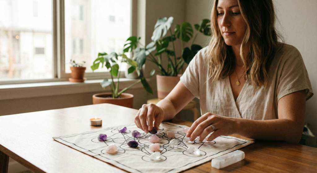 A woman mindfully arranging various stones, including amethyst and rose quartz, onto a geometric crystal grid cloth on a wooden table, illustrating a crystal healing setup for balancing energy.