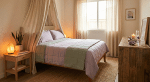 A serene, high-vibe sanctuary featuring a canopy bed, Himalayan salt lamp, and organic textiles, showcasing authentic spiritual bedroom ideas for deep rest.