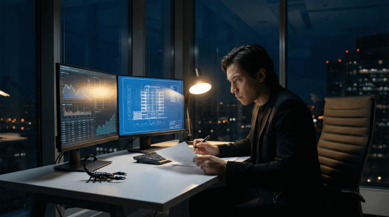 A realistic photo of a focused man working late in an office with financial data screens and building blueprints, illustrating the strategic career planning and power moves predicted in the Scorpio 2026 Horoscope.