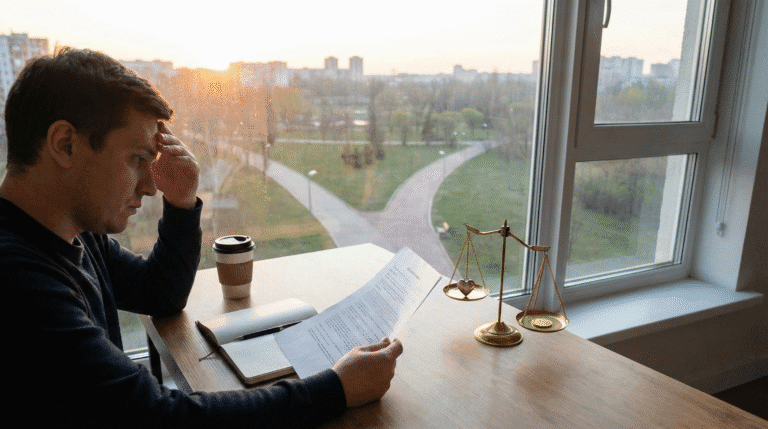 A realistic photo of a man looking serious and contemplative while reviewing a document at a desk next to a small scale balancing a heart and a coin, illustrating the pressure of the "commit or quit" decisions predicted in the Libra 2026 Horoscope.