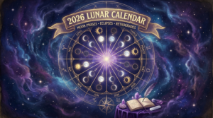 A stylized celestial illustration of a 2026 Lunar Calendar wheel set against a glowing nebula background, featuring detailed moon phases for every month, zodiac symbols, and a banner that reads "Moon Phases • Eclipses • Retrogrades.