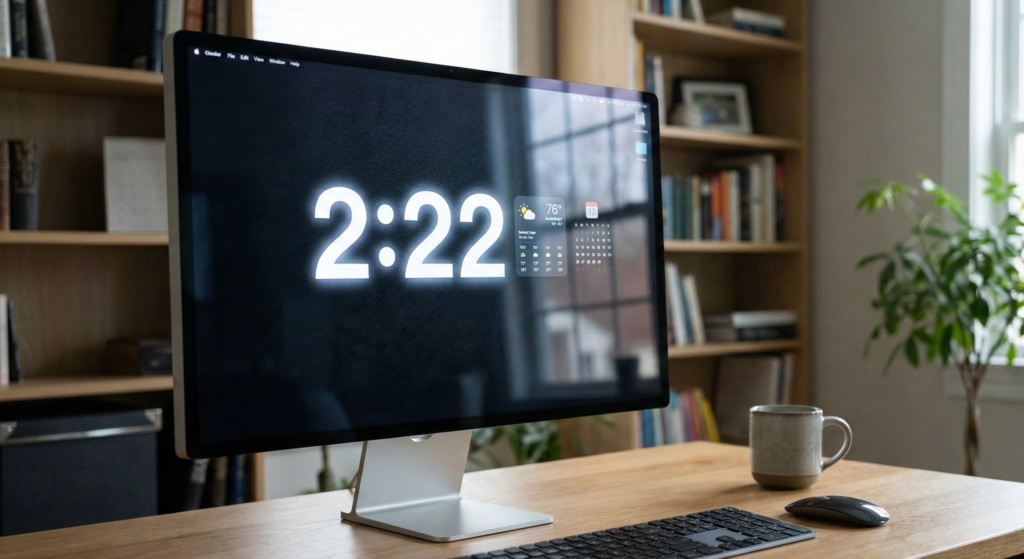 Realistic photo of a desktop computer monitor displaying the time 2:22, representing seeing Angel Number 222 in daily life.