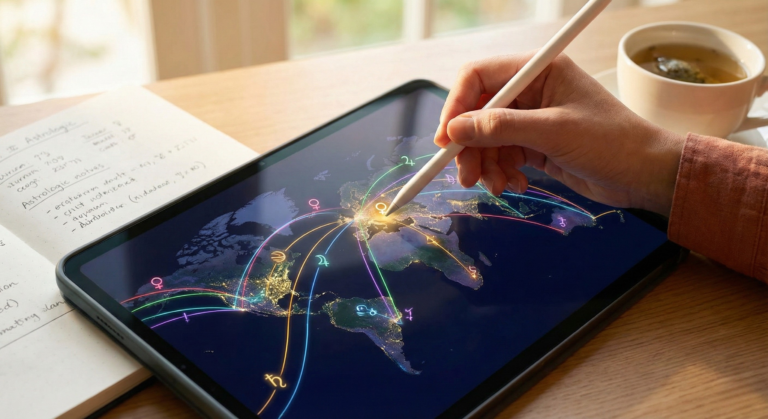 A close-up view of a person's hand using a stylus to analyze colorful planetary lines on a digital astrocartography map displayed on a tablet.