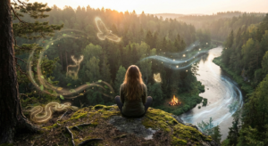 A serene forest landscape with glowing animal spirits and elemental symbols surrounding a meditating figure, illustrating how to interpret nature's signs and spirit guides.
