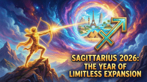 A dynamic cosmic illustration for the Sagittarius 2026 Horoscope, showing a golden archer on a mountain peak firing an arrow towards a swirling portal revealing global landmarks like the Eiffel Tower and pyramids, symbolizing the year of limitless expansion and travel.