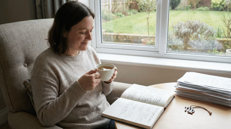 A candid photo of a woman looking relieved and peaceful while drinking tea next to an open journal that reads "2026: A year of peace," illustrating the theme of relief in the Virgo 2026 Horoscope.