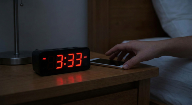 Realistic close-up of a digital alarm clock displaying 3:33 AM in a dark room, illustrating the common experience of seeing Angel Number 333.