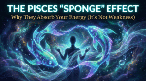 A cosmic illustration of glowing Pisces zodiac fish swirling around a human silhouette, visually representing the psychic empathy and energy absorption known as the Pisces sponge effect.