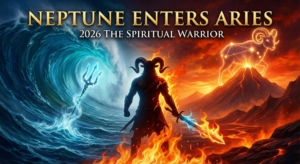 Digital art illustrating the Neptune in Aries transit, featuring a clash between Neptune's blue ocean waves and the fiery landscape of Aries, with a spiritual warrior silhouette standing between them.