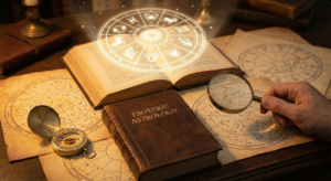 A hand with a magnifying glass examining ancient charts next to a book titled "Esoteric Astrology," illustrating the deep study of the soul's purpose.