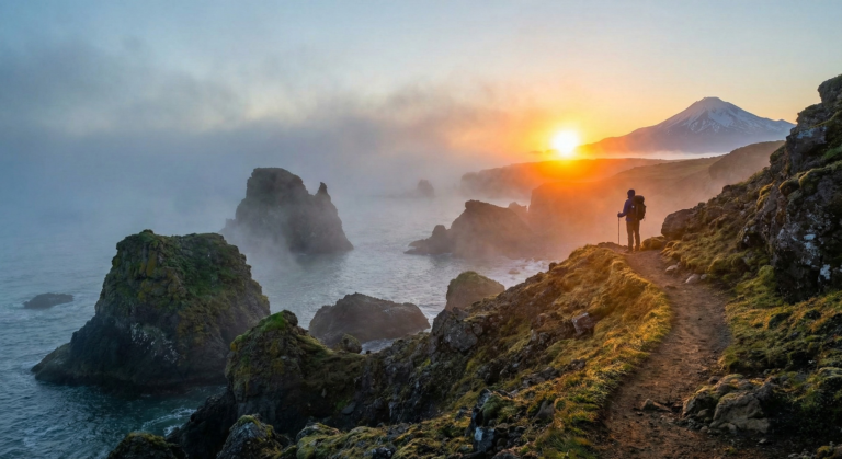 A realistic depiction of a person looking out at a fiery sunrise, symbolizing the dawn of the new Neptune in Aries astrological era and the rise of the spiritual warrior