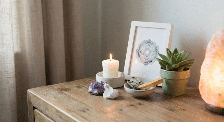 A wooden dresser arranged with a crystal grid, white candle, and snake plant, illustrating calming spiritual bedroom ideas and a meditation altar setup.