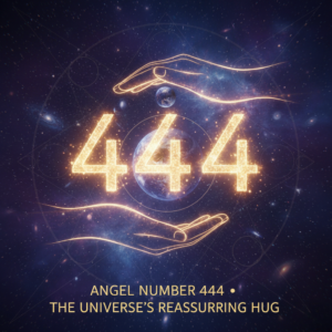 Glowing Angel Number 444 against a dark starry background, symbolizing divine protection and stability