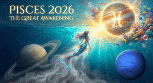 Featured image for the Pisces 2026 Horoscope blog post, illustrating a mermaid ascending from dark fog towards a brilliant, glowing Jupiter, symbolizing the "Great Awakening" as darker planets recede.
