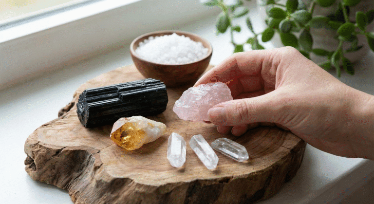 A close-up of healing crystals and a Tibetan singing bowl on a table, displaying the tools used in popular energy healing types like sound therapy and crystal work