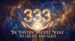 Angel Number 333 glowing in golden light above open hands, representing spiritual alignment and creativity