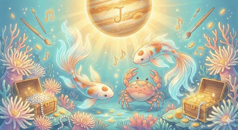 An underwater illustration for the Pisces 2026 Horoscope, showing two koi fish and a crab under the golden light of Jupiter, surrounded by treasure chests, paintbrushes, and musical notes, representing a golden era of romance and creativity.