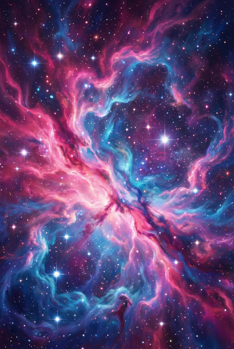 Colorful pink and purple interstellar nebula gas clouds with bright stars.