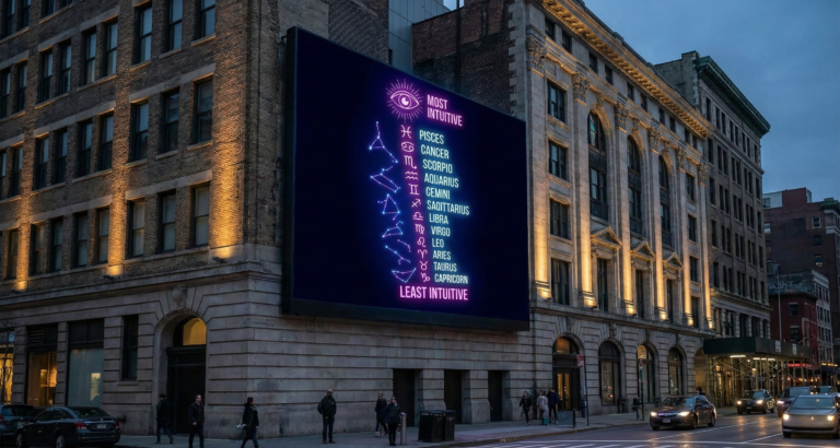 A billboard displaying zodiac signs ranked by intuition