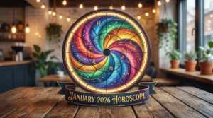 January 2026 Horoscope featured image showing a colorful zodiac wheel on a wooden table