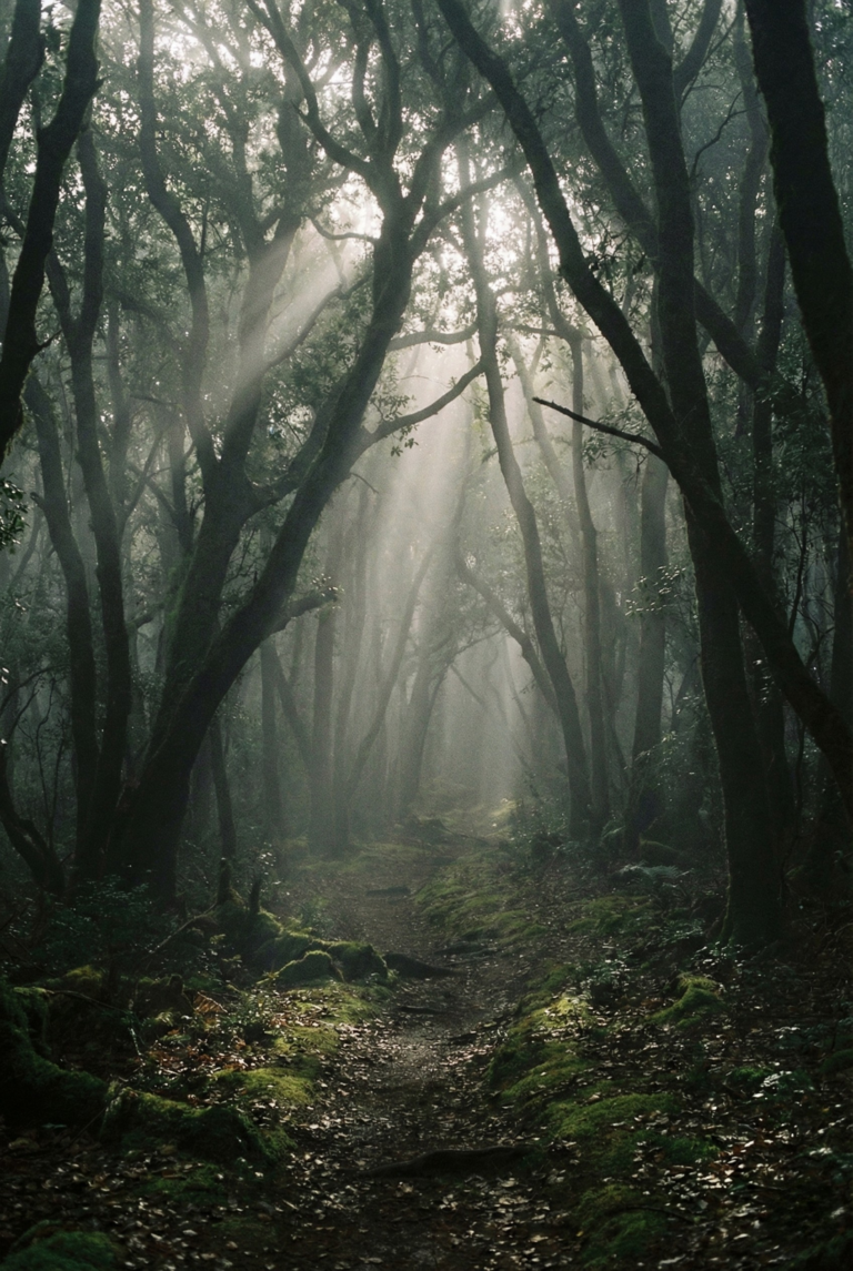Moody vertical shot of a foggy forest path with light rays filtering through.