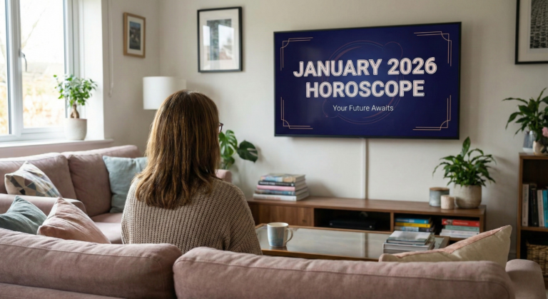 January 2026 Horoscope predictions displayed on a television screen being viewed by a woman.